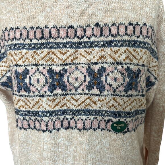 NEW L.L. Bean Cotton Ragg Crewneck Fair Isle Sweater in Tan sz XL Gorpcore Cozy - Picture 4 of 13